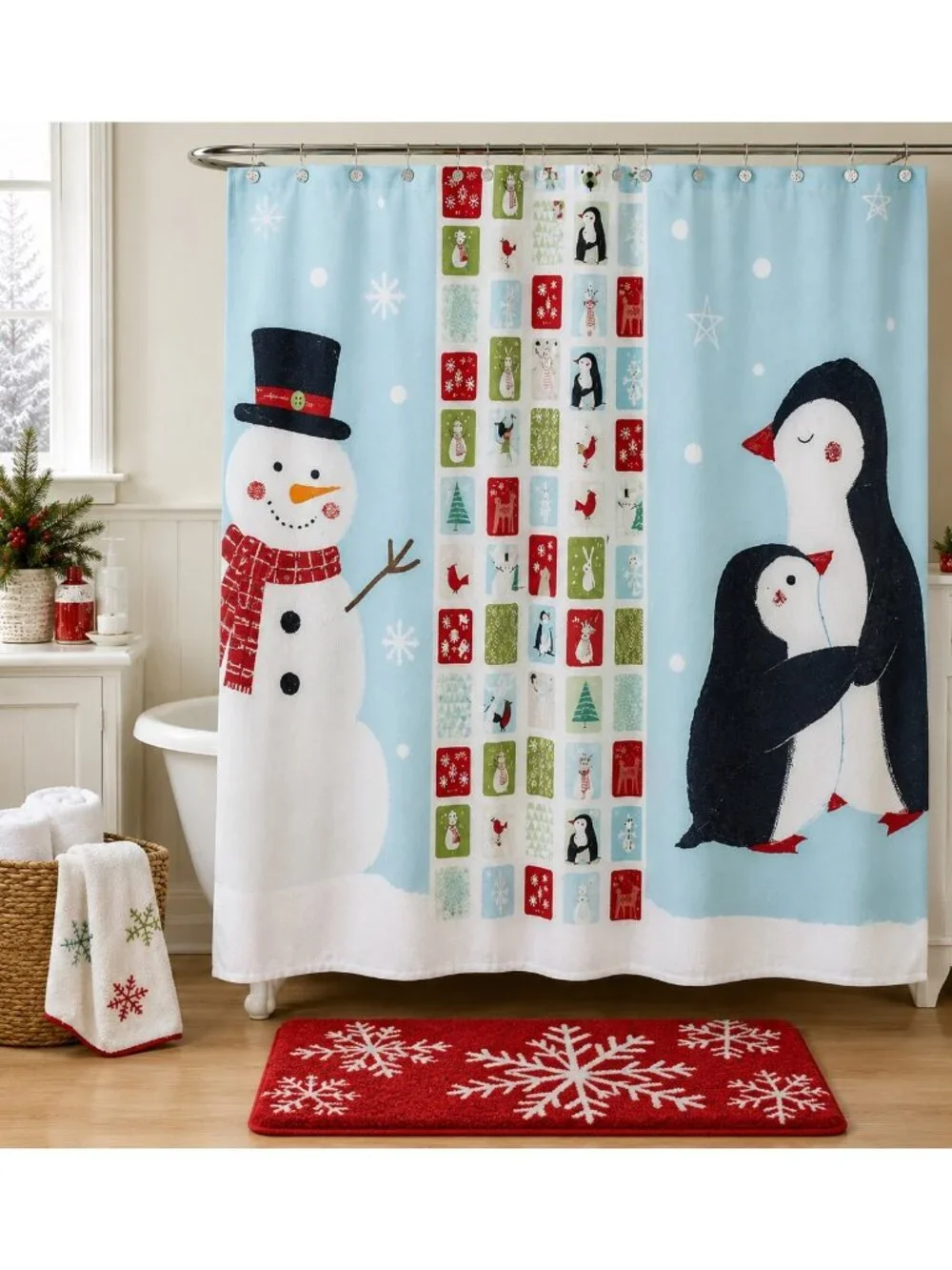 St. Nicholas Square Holiday Cheer Christmas Shower Curtain 70 x 70 Snowman Pengu